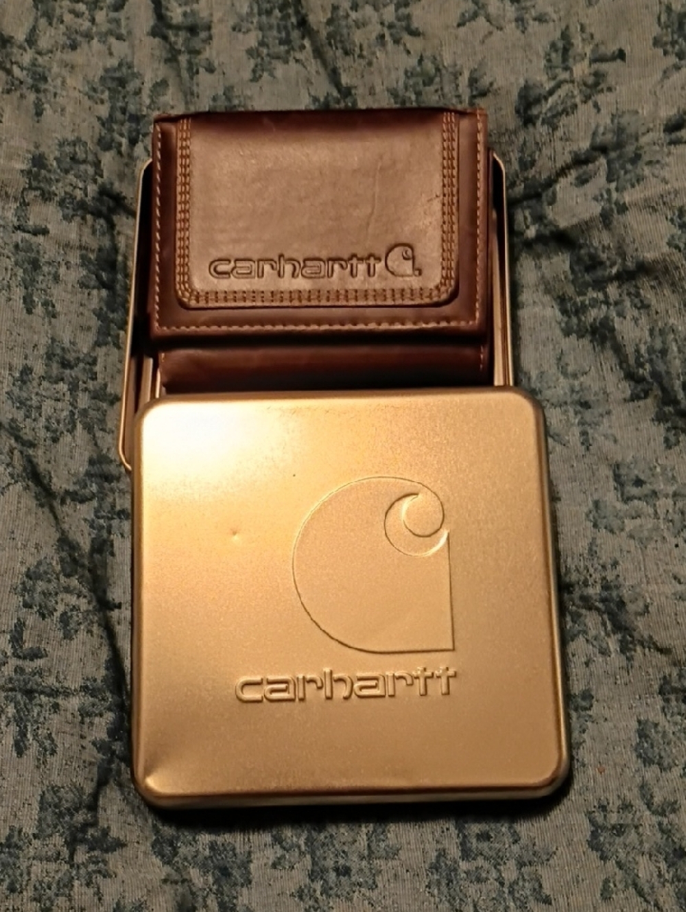 Carhartt Brown Leather Fabric Tri Fold Wallet with Gold-Tone Metal Case..GUC**"